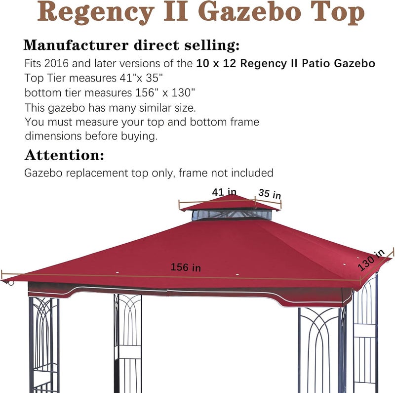 SCOCANOPY Replacement Gazebo Canopy for 10 x 12 Regency II Patio Gazebo Model L-GZ798PST,A101004104,A101004105,(Burgundy) - Image 3